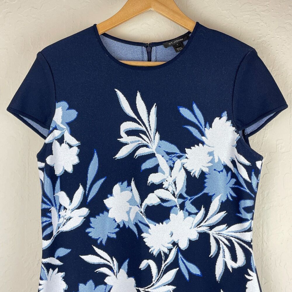 ~ St. John 10 Luxury Knit Midi Dress Navy Floral Cap Sleeve Flounce Hem Jacquard